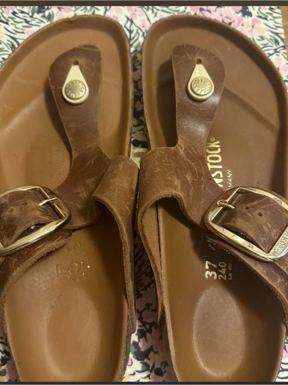Birkenstock Brown Leather Toe-Post Sandals with Gold Buckles